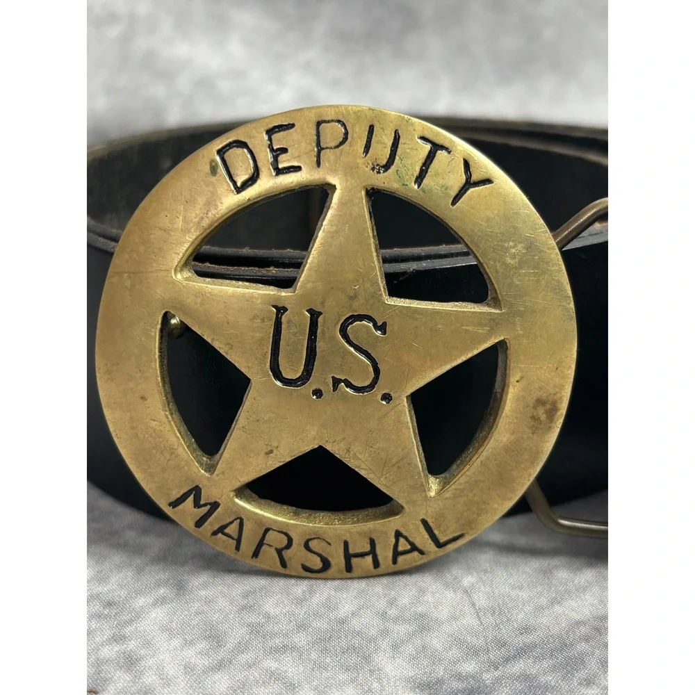 Vintage Deputy U.S. Marshall Star Belt Buckle w/ Cowhide‎ Leather Belt 34/36